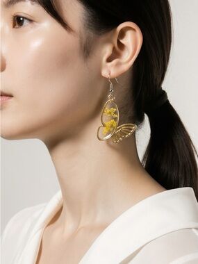 Gold Butterfly Drop Earrings with Yellow Dried  Floral Accent